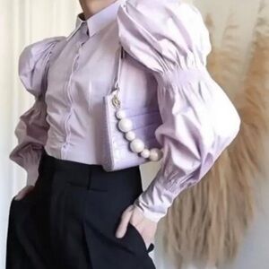 NWT Zara Shirt Blouse Cotton Stretchy Fitted With Voluminous Sleeves Sz S